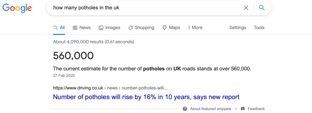 Potholes in the UK